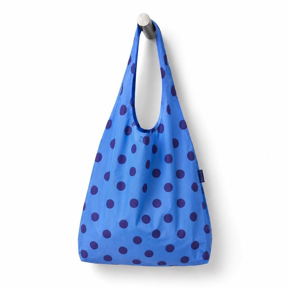 BAGGU Blue Polka Dot Standard Reusable Tote Bag Nylon Foldable Shopper NWT
